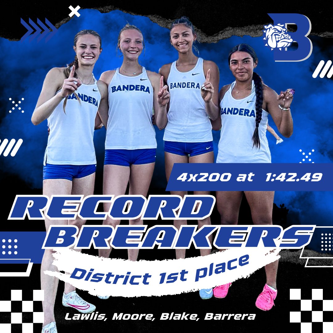 BHS_DogsSports's tweet photo. Our Bandera High School Lady Bulldogs are BREAKING RECORDS AGAIN! 🎉

With Lawlis, Moore, Blake, and Barrera taking 1st place and breaking the BHS 4x200 record once again running at 1:42.49

Way to get after it ladies! We're Bulldog proud! 💙

@BanderaISD
@GirlsxcBhs
#WeAreOne https://t.co/5nWmSj9vGu