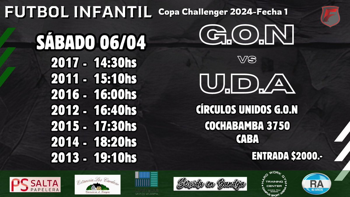 GONFUTSAL's tweet photo. GON 🟢⚫ | #FutbolInfantil ⚽ Copa Challenger - Fecha 1 🏆

🆚 U.D.A
🗓️ Sábado 06/04
⏰ Desde las 14:30hs
🏟️ Círculos Unidos G.O.N
📍 Cochabamba 3750 - CABA 
🎟️ Entrada $2000.- https://t.co/xftIGqXnqd