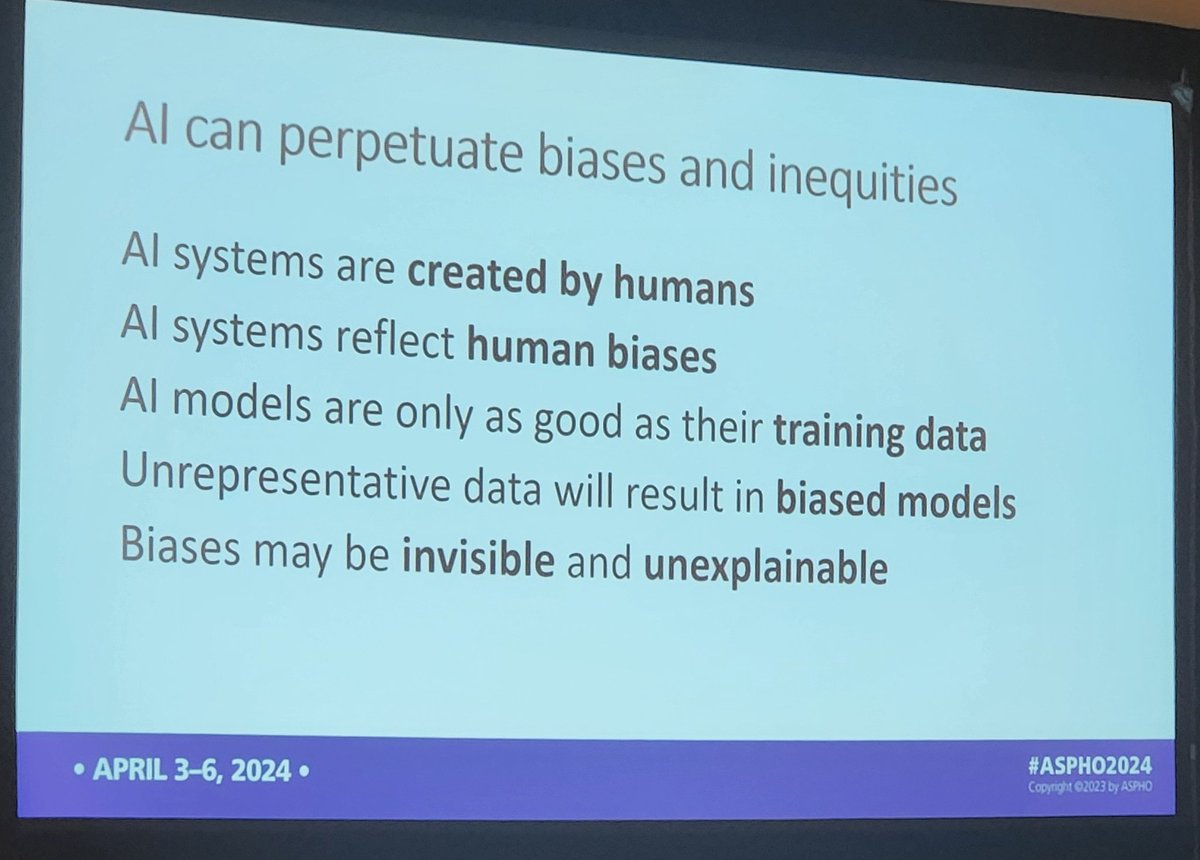 #ASPHO2024 it is important to recognize that AI Systems reflect of human biases @WayneLiangMD