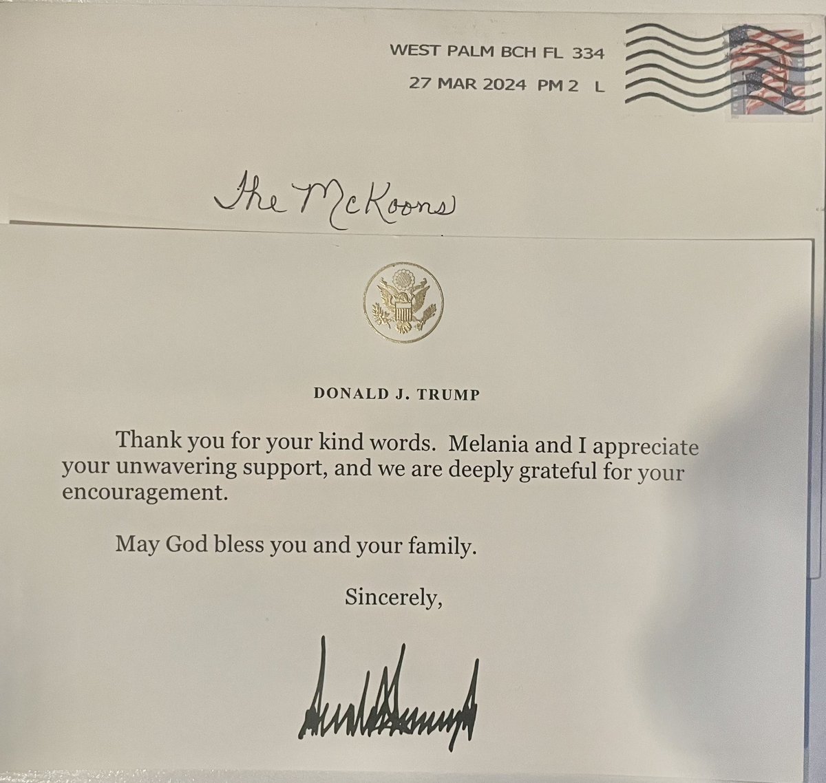 Just when you need it the most the encouragement arrives! Grateful to @realDonaldTrump for his kind thank you note! #gapol #gagop