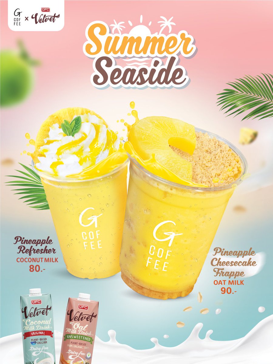 gcoffeebkk's tweet photo. ☀️ ซัมเมอร์นี้ #UFCVelvet × #gcoffee มาในธีม 𝐒𝐔𝐌𝐌𝐄𝐑 𝐒𝐄𝐀𝐒𝐈𝐃𝐄 ☀️ สับปะรดฉ่ำๆ เปรี้ยวหวาน สดชื่นลงตัว มีให้เลือกถึง 2 เมนู
🍍 𝐏𝐢𝐧𝐞𝐚𝐩𝐩𝐥𝐞 𝐑𝐞𝐟𝐫𝐞𝐬𝐡𝐞𝐬 𝐂𝐨𝐜𝐨𝐧𝐮𝐭 𝐌𝐢𝐥𝐤 🥥
🍍 𝐏𝐢𝐧𝐞𝐚𝐩𝐩𝐥𝐞 𝐂𝐡𝐞𝐞𝐬𝐞𝐜𝐚𝐤𝐞 𝐅𝐫𝐚𝐩𝐩𝐞 𝐎𝐚𝐭 𝐌𝐢𝐥𝐤 🌾 https://t.co/ohgWtBT1s8