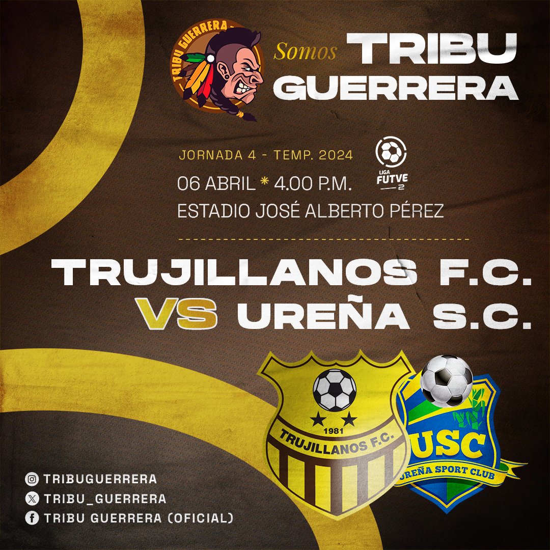 Tribu_Guerrera's tweet photo. 🟨¡Aurimarrones, Guerreros de la Montaña!🟫 
Este sábado, jornada 4 de la @LigaFUTVE2 Trujillanos FC vs Ureña SC en el Estadio José Alberto Pérez de Valera ¡Apoya a tu equipo desde la 1pm! SOMOS TRIBU GUERRERA #TrujillanosFC #FutVe2 #TodosJuntosPorElAscenso https://t.co/8rkanzdP8s