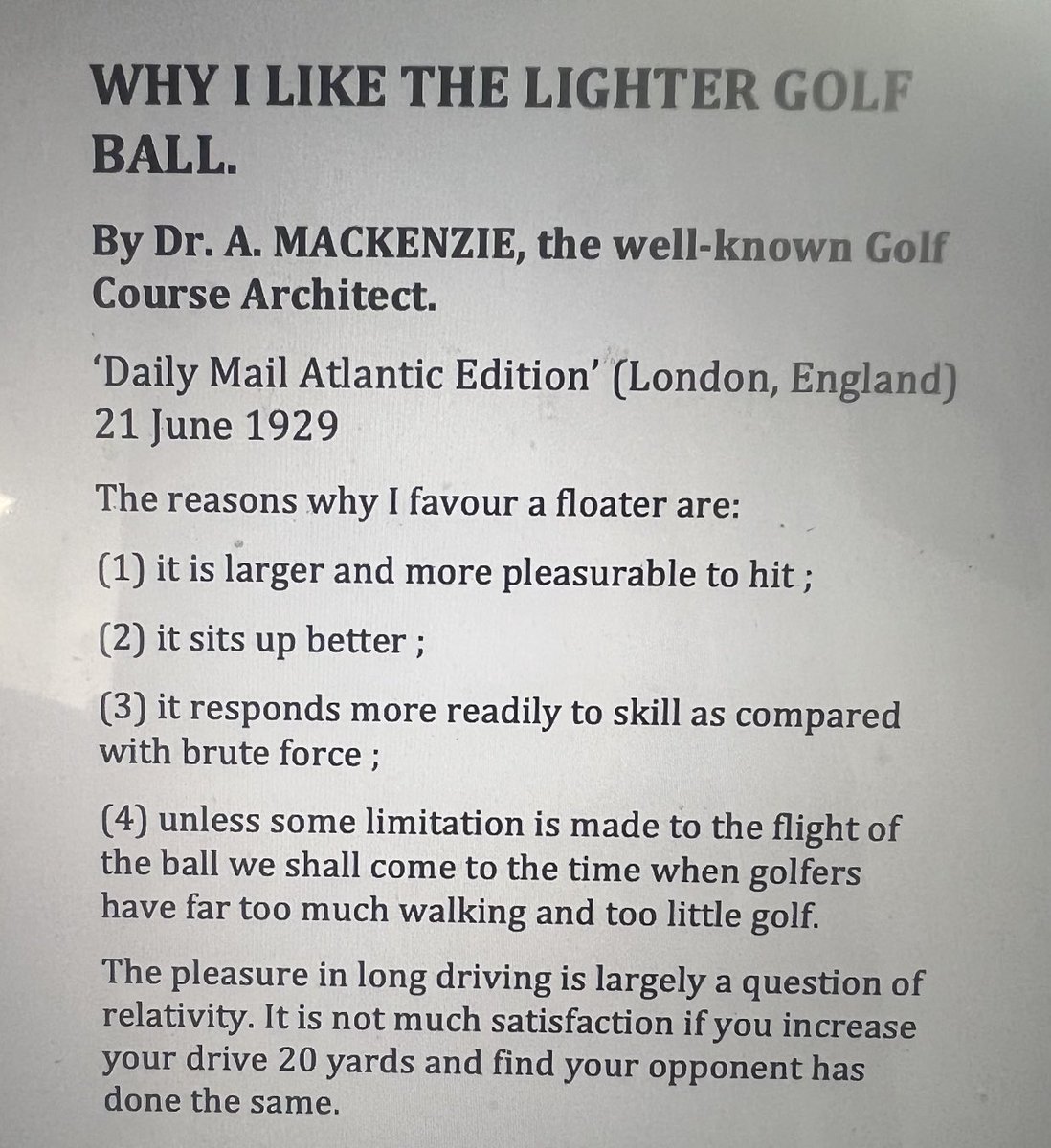 Alister MacKenzie on golf’s problem with the ball. More relevant now than a century ago.