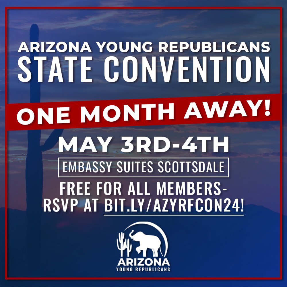 We are ☝🏼month away from our AZ YR State Convention!! Make sure to get your tickets today 🎟️ 🥂 Happy Hour Friday Night 🇺🇸 Convention on Saturday with 📝 Resolutions, 📣 Speakers, 🏆 Awards and more! 🔗 LINK IN BIO. You don’t want to miss this!!