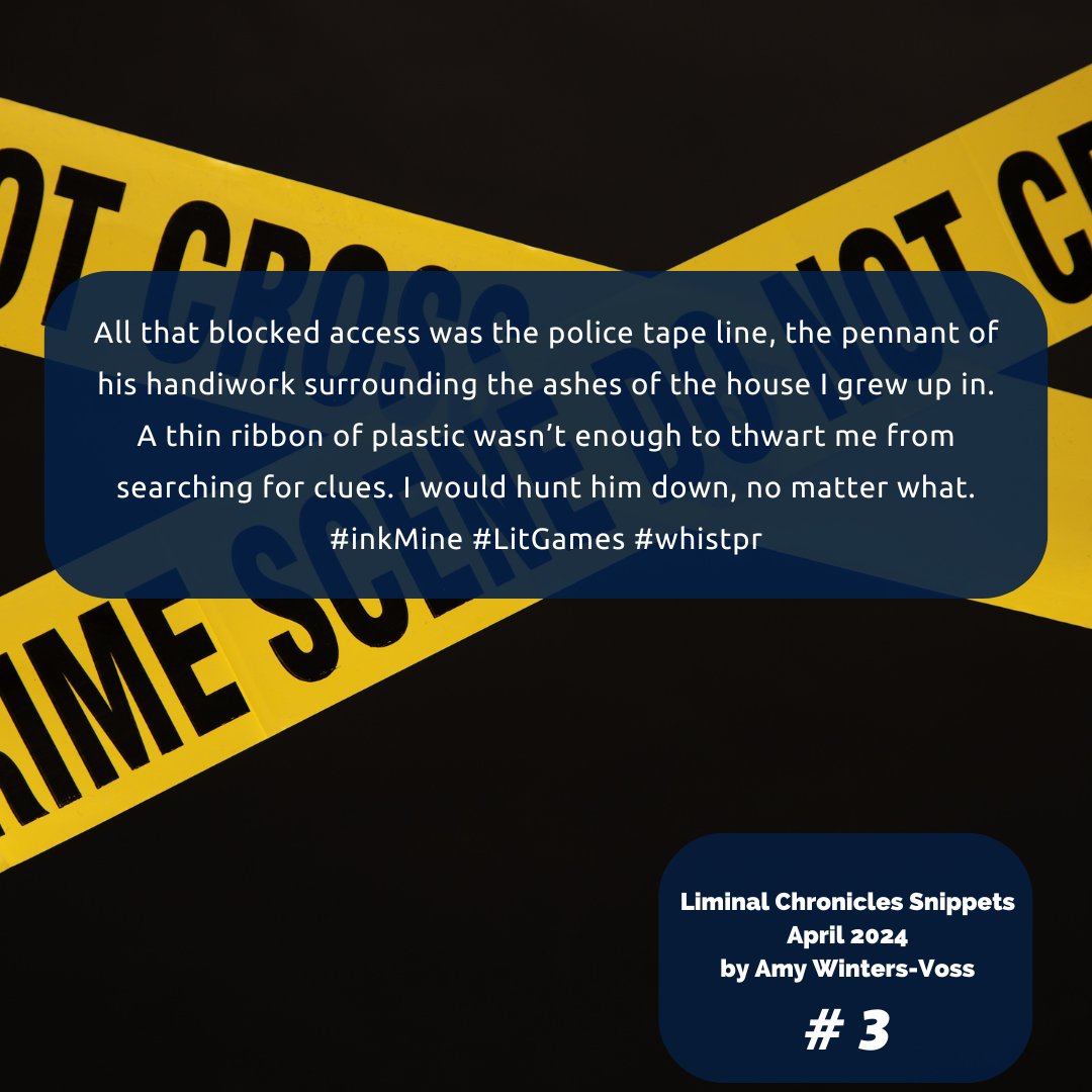 AmyWintersVoss's tweet photo. All that blocked access was the police tape line, the pennant of his handiwork surrounding the ashes of the house I grew up in. A thin ribbon of plastic wasn’t enough to thwart me from searching for clues. I would hunt him down, no matter what. #inkMine #LitGames #whistpr https://t.co/DKZVCbLxA7