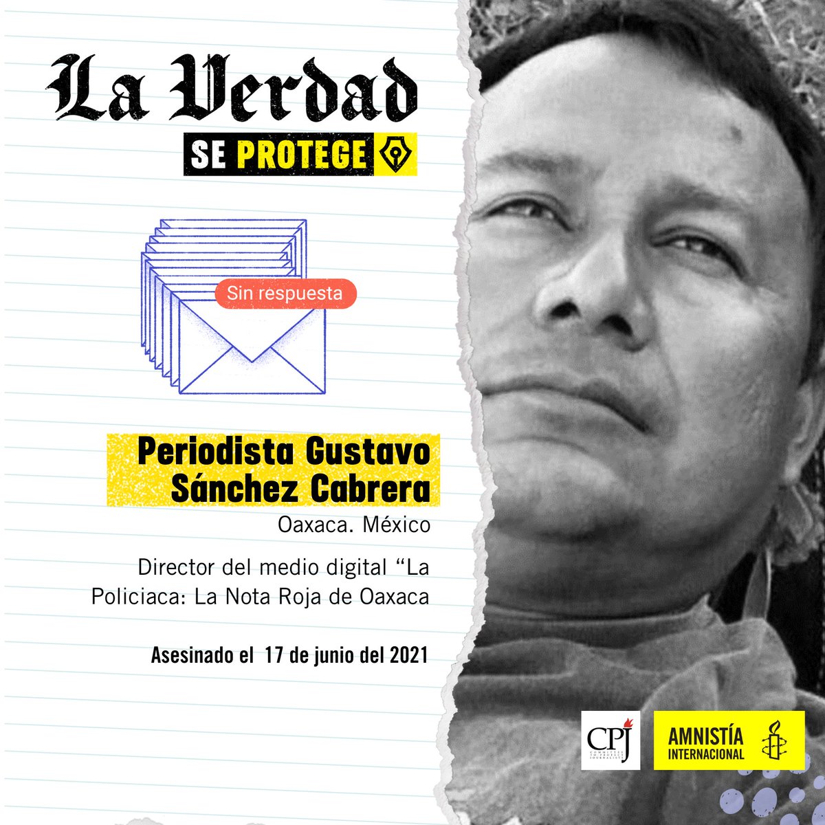 🔴 Conoce el caso de Gustavo Sánchez, periodista mexicano asesinado por hacer su labor en #Oaxaca. 📢 ¡No más periodismo violentado! Firma la petición hoy: amn.st/6018ZCQO4 #LaVerdadSeProtege✒ #PeriodismoLibreySeguro🗞