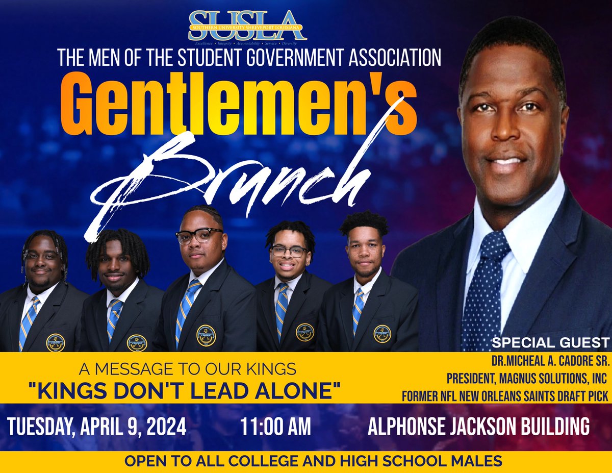 Join us for a special Men's Brunch-themed 'A Message to Our Kings: Kings Don't Lead Alone.' Our distinguished guest speaker for the occasion will be Dr. Michael A. Codore Sr. This event aims to inspire and empower our male students, faculty, staff and anyone else in attendance.