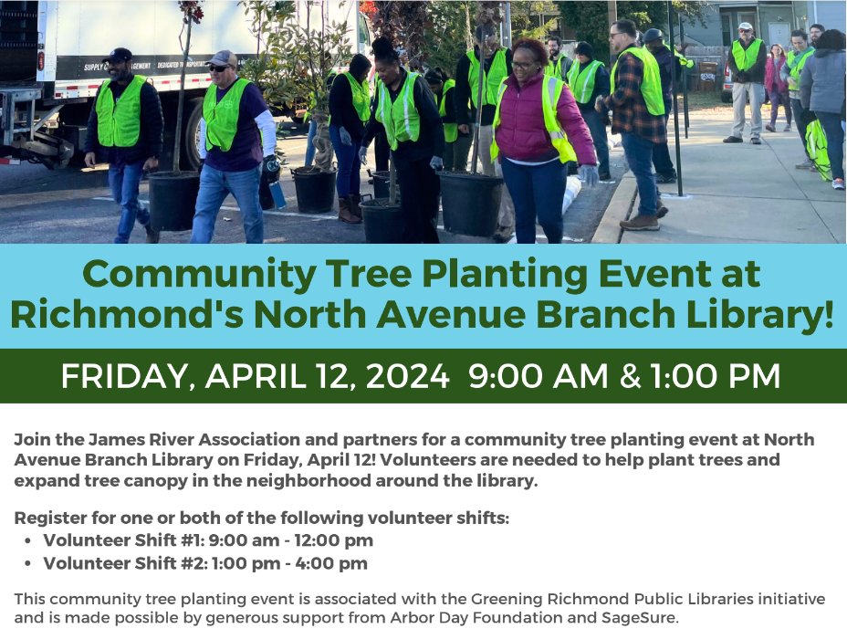 James River Assoc (@jravirginia) on Twitter photo Join us at Richmond Public Library's North Avenue Branch or a volunteer day! Many thanks to our partners, <a href="/rvah2o/">RVAH2O</a>, <a href="/rvalibrary/">Richmond Public Library</a> and Four Winds Design, and support from <a href="/arborday/">Arbor Day Foundation</a> and <a href="/SageSure/">SageSure </a> for making this planting event possible!
thejamesriver.org/greening-richm… Join us at Richmond Public Library's North Avenue Branch or a volunteer day! Many thanks to our partners, <a href="/rvah2o/">RVAH2O</a>, <a href="/rvalibrary/">Richmond Public Library</a> and Four Winds Design, and support from <a href="/arborday/">Arbor Day Foundation</a> and <a href="/SageSure/">SageSure </a> for making this planting event possible!
thejamesriver.org/greening-richm…