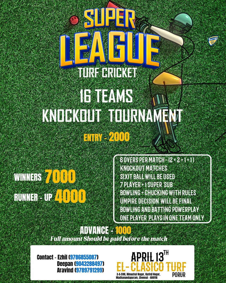 Super #League Turf #Cricket #Tournament. The tournament to be held on 13th April 2024. Held at Elclasico Turf Porur, #Chennai. @tournaments_360 @Cricketinindia @cricktoday