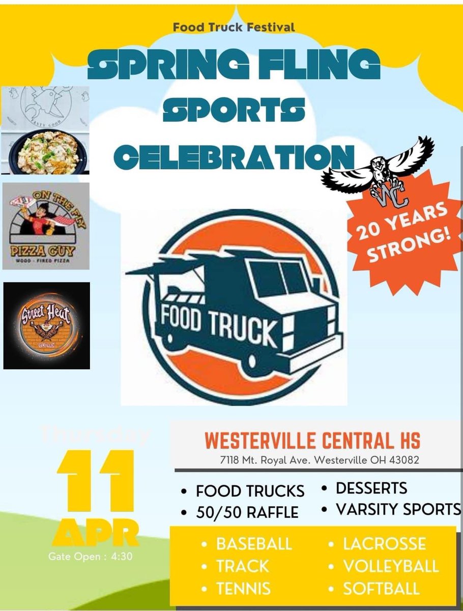Dawn Sayre (@dsayre32) on Twitter photo <a href="/Warhawks_WCHS/">Westerville Central High School</a> celebrate 20 years. April 11, there are home sporting events in boys tennis, volleyball, baseball, lacrosse, girls softball. Admission is free except for volleyball & lacrosse. Food trucks, On the Fly Pizza Guy, Street Heat, and The Tasty Good will be on site! <a href="/Warhawks_WCHS/">Westerville Central High School</a> celebrate 20 years. April 11, there are home sporting events in boys tennis, volleyball, baseball, lacrosse, girls softball. Admission is free except for volleyball & lacrosse. Food trucks, On the Fly Pizza Guy, Street Heat, and The Tasty Good will be on site!