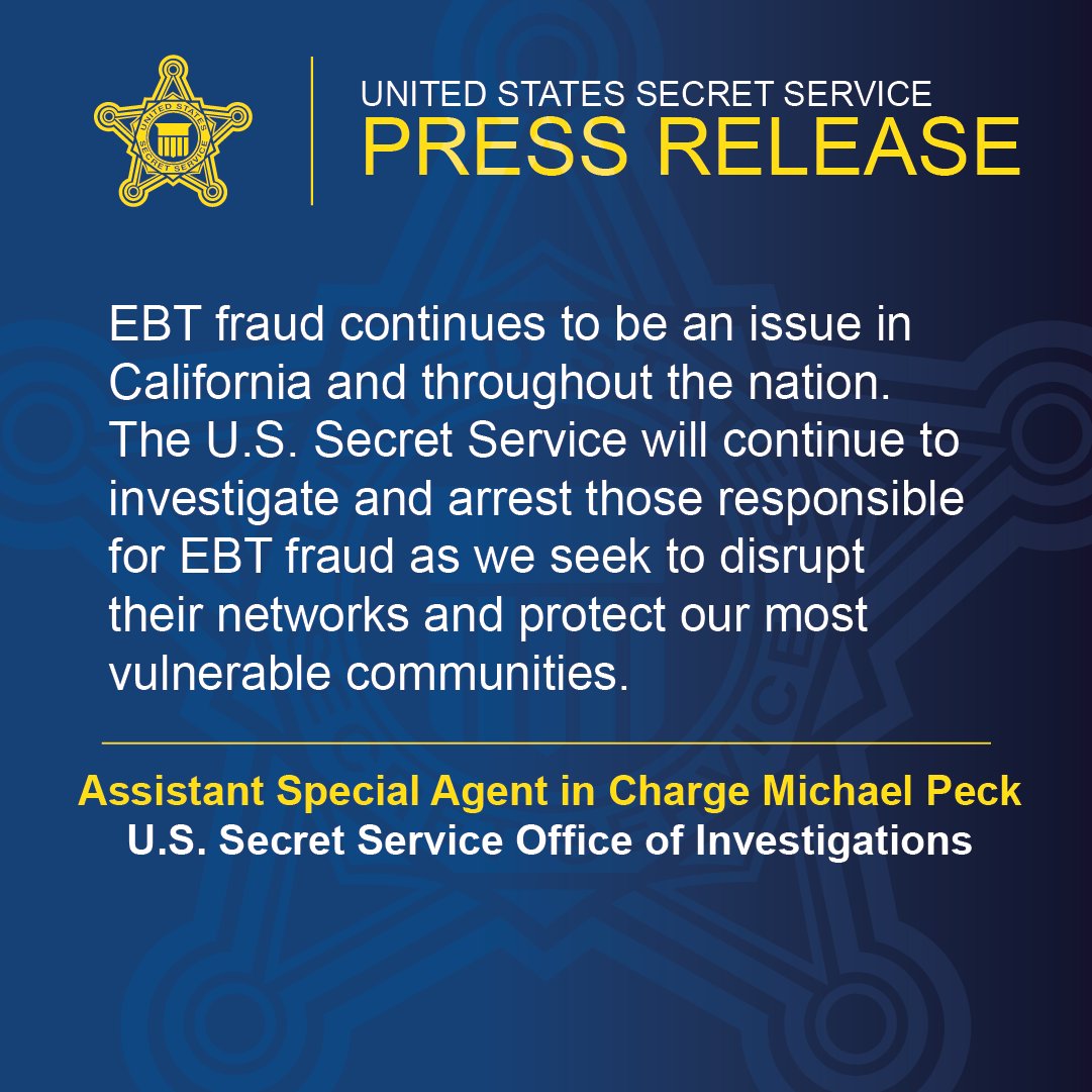 During the last 3 months, #creditcard #skimmers in CA have stolen $22.8 million from EBT users. The Secret Service and law enforcement partners conducted an operation arresting 10 individuals. Read more: ow.ly/VcKC50R8Vch #SecretServiceInvestigates #CardFraud