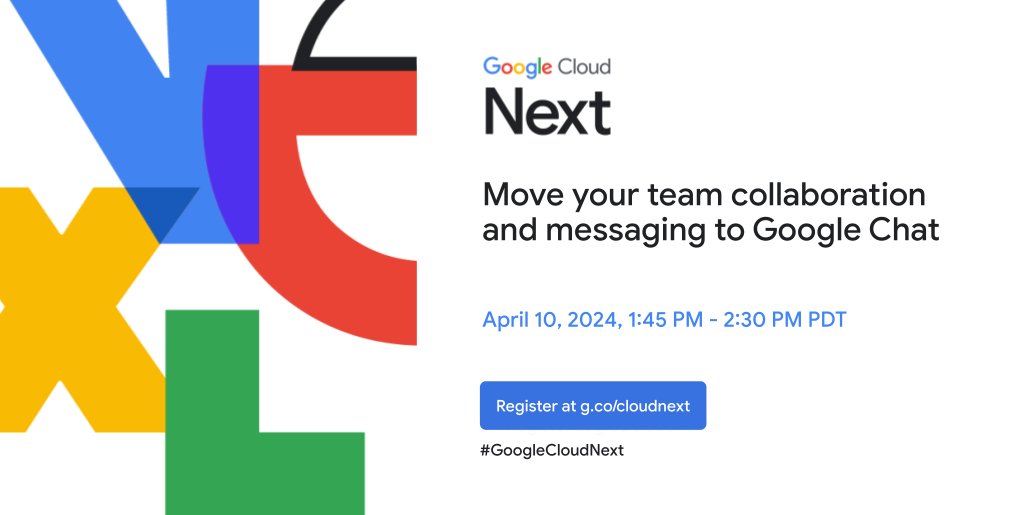 GoogleWorkspace's tweet image. Take your team’s collaboration and messaging to the next level. Join us at #GoogleCloudNext on April 10 to learn how @WeWork, @CloudFuze and @cloudiway made the switch to Google Chat, and how you can too. → goo.gle/3QcwF5B