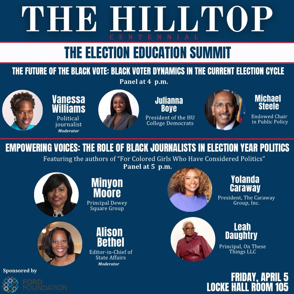 NEW LOCATION! Be sure to join @TheHilltopHU this Friday, April 5, in Locke Hall for a robust conversation about the future of the Black vote and the role of Black journalists during this critically important election year.