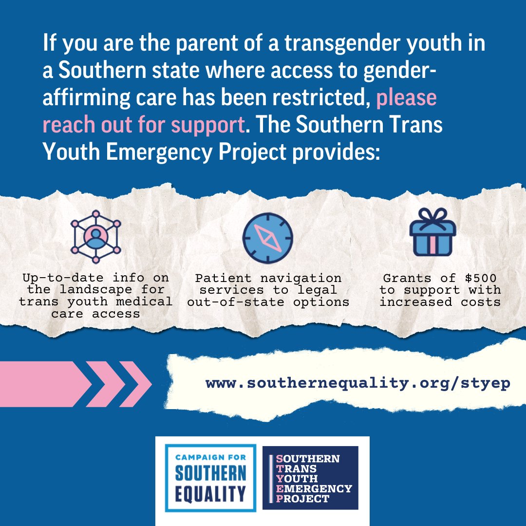 Are you the parent of a trans youth in the South who's unsure of where to turn in the face of these extreme bans? Please get in touch at southernequality.org/styep and we can help you identify your options and connect you with resources.