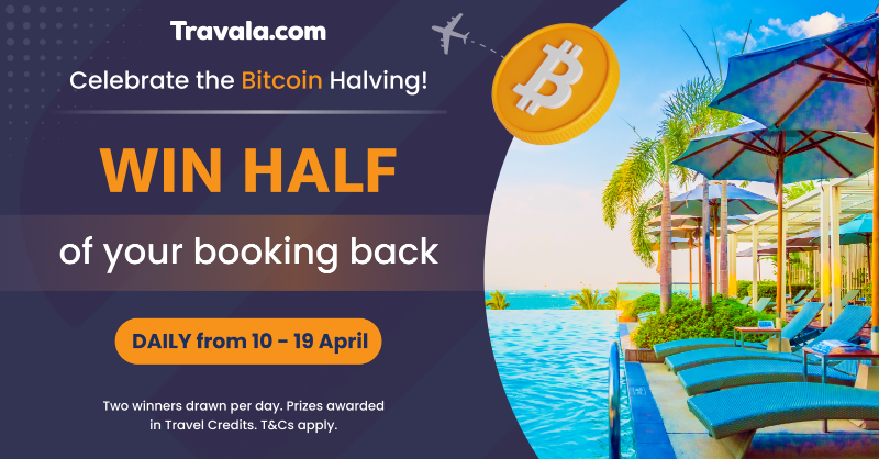 travalacom's tweet photo. Celebrate the #Bitcoin Halving with Travala! WIN half of your booking back in Travel Credits🎉

👉 Simply book your next flight or hotel to enter to WIN half your booking back in Travel Credits https://t.co/oxBjPoz5w8

Two winners DAILY from 10-19 April
T&amp;Cs apply