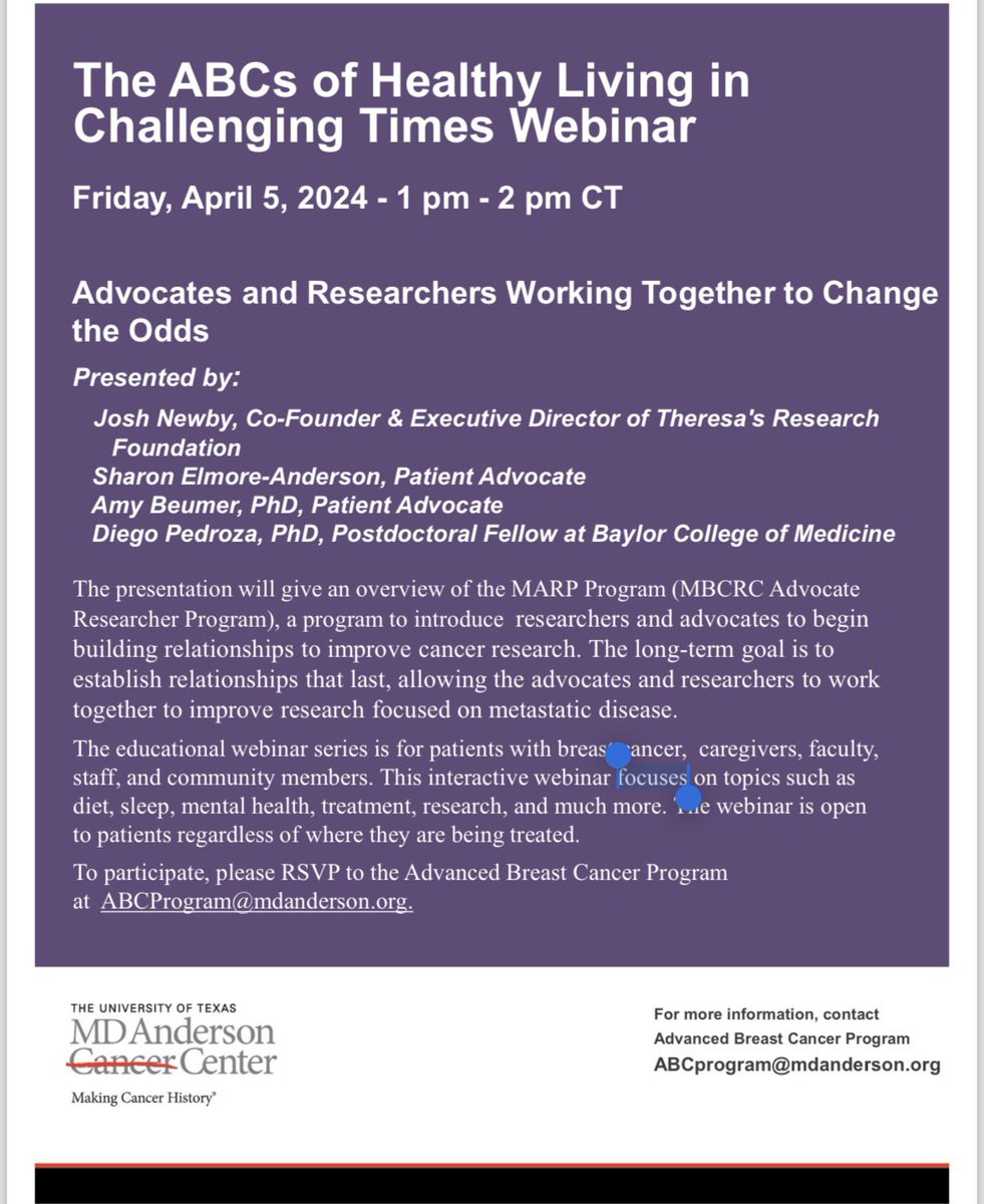 We are looking forward to tomorrows webinar with @MDAndersonNews @AbbeyKaler @Dapedroza11 @amybeumer and Sharon To participate, please RSVP to the Advanced Breast Cancer Program at ABCProgram@mdanderson.org. #CancerResearch #Metastasis