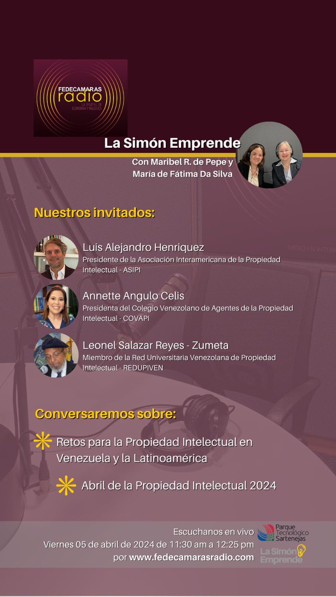 PTS_USB's tweet photo. Mañana #05abr en #LaSimónEmprende, por @FedeRadioVe, conversaremos sobre los retos para la Propiedad Intelectual en Venezuela y LATAM, con Luis Henriquez de @ASIPI_, Annette Ángulo de @CovapiPI  y Leonel Salazar de @redupiven. Además, lo último de #USBMundo2024 y #AbrildelaPI. https://t.co/6qFlx2lbdy