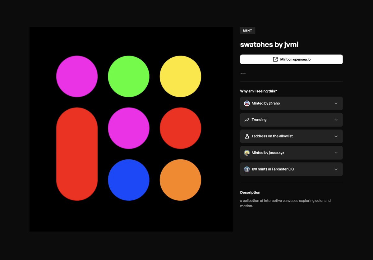 Kyle McCollom (@kyle) on Twitter photo Results from <a href="/jvmi_/">jvmi 🏎️💨</a> submitting the allowlist for Swatches to the <a href="/daylight/">Daylight ☀️</a> app network:
- 163 mints driven.
- 7.2% of all minters.
- 19.4% conversion rate.
<a href="/daylight/">Daylight ☀️</a> drives results for creators. Submit your projects! Results from <a href="/jvmi_/">jvmi 🏎️💨</a> submitting the allowlist for Swatches to the <a href="/daylight/">Daylight ☀️</a> app network:
- 163 mints driven.
- 7.2% of all minters.
- 19.4% conversion rate.
<a href="/daylight/">Daylight ☀️</a> drives results for creators. Submit your projects!
