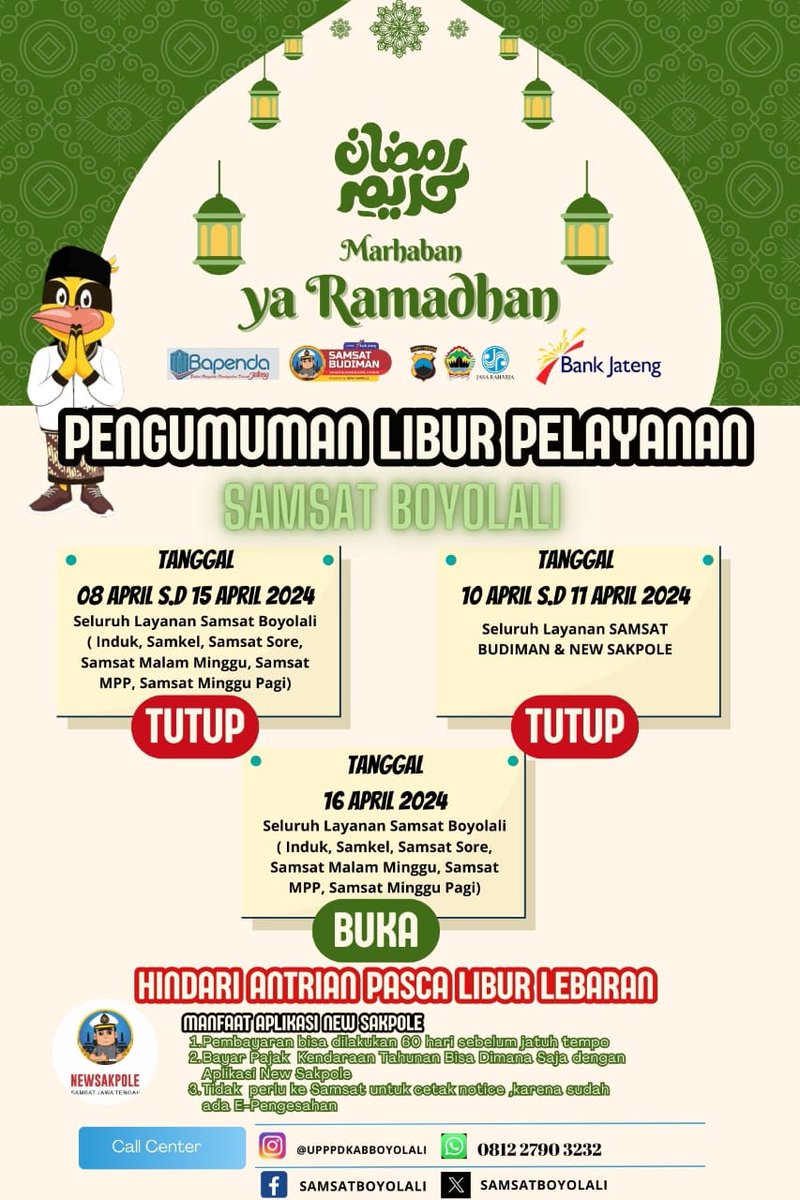 Informasi jadwal pelayanan Samsat Boyolali menjelang Hari Raya Idul Fitri 1445 H 🗓

Pembayaran Pajak Kendaraan Bermotor dapat dilakukan 60 hari sebelum jatuh tempo 😊

#BAPENDAJATENG 
#SAMSATBOYOLALI
#InfoBoyolali