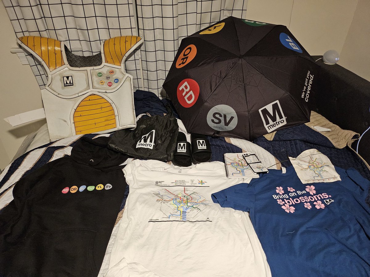 All of my DC Metro Merch Collections. My, slippers, hoodie, T-shirts, phone case, journal, bag, my cosplay Saiyan armor and my umbrella 🌂!! 😁😁😁😁😁😁 I'm bless to have it all @wmata