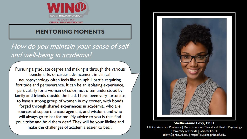 April's Mentoring Moment is from @drslevyneuropsy, Clinical Assistant Professor in the Department of Clinical and Health Psychology at the University of Florida, who shared advice on maintaining your sense of self and well-being in academia!