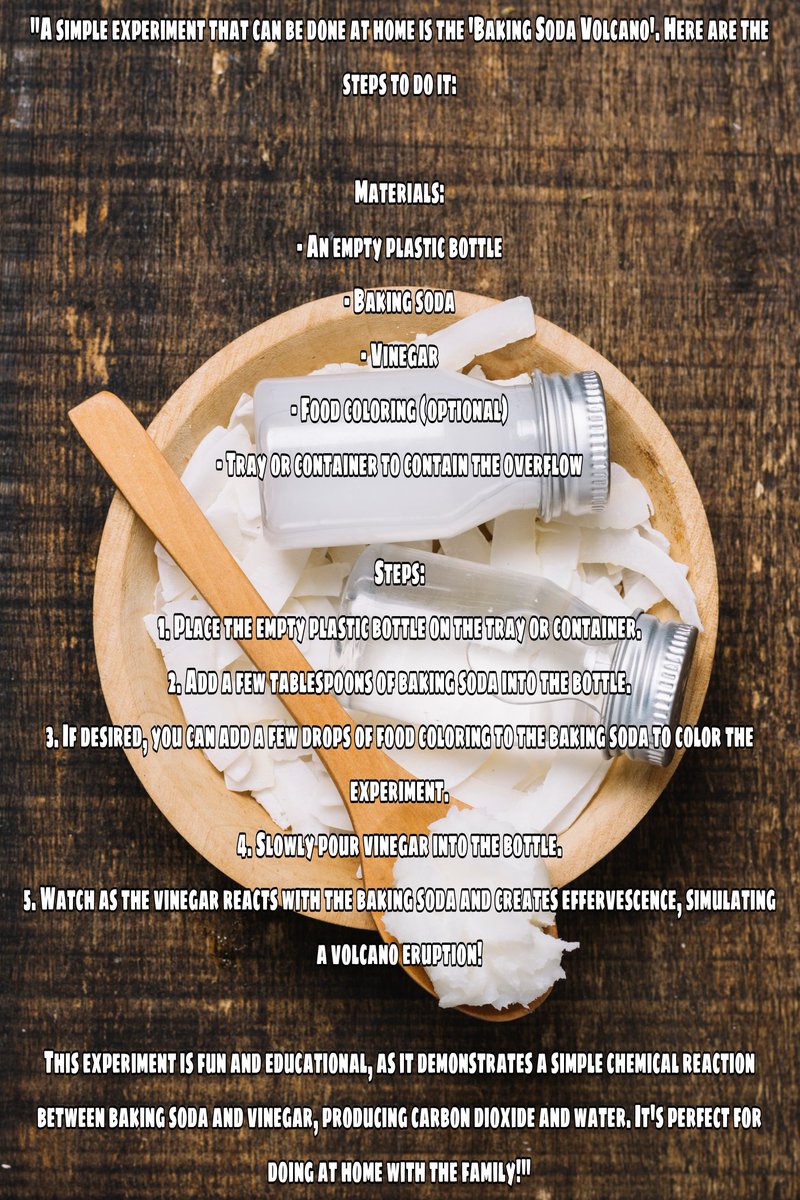 Sacabreraa13's tweet image. Looking for a fun experiment to try at home? Try the Baking Soda Volcano! All you need is baking soda, vinegar, and an empty plastic bottle. Watch as it creates a simulated volcano eruption! #HomeExperiment #FunScience #LearnThroughPlay