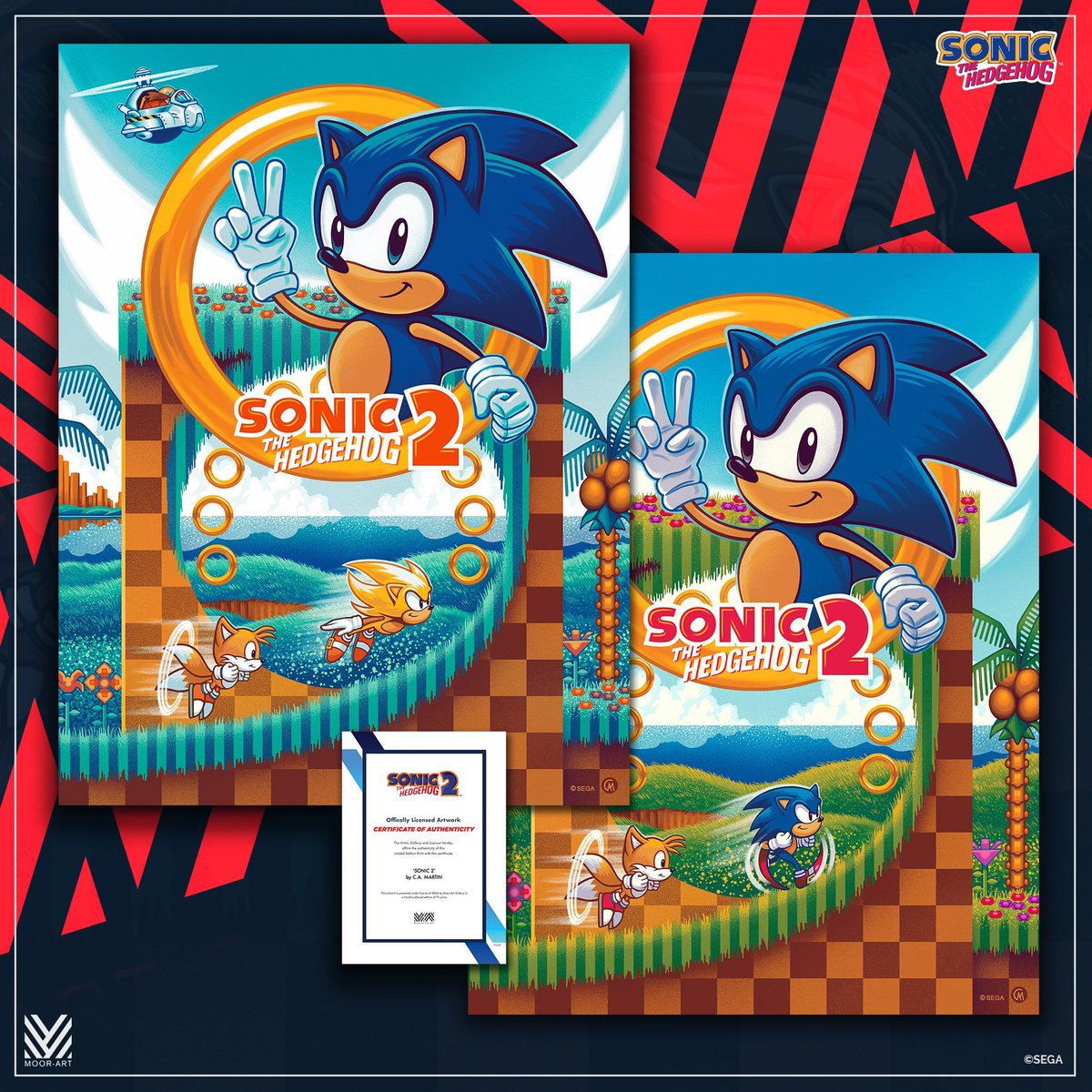 New Sonic the Hedgehog prints on sale NOW from @MoorArtGallery ! Gotta go fast! bit.ly/40RJeHw 'SONIC 2' by @camartinart: - Sonic (£40 / $48) - Edition of 75 - Super Sonic (£45 / $56) - Edition of 50 - ‘PRIMO’ Edition (£100 / $120) - Available for 60 minutes only