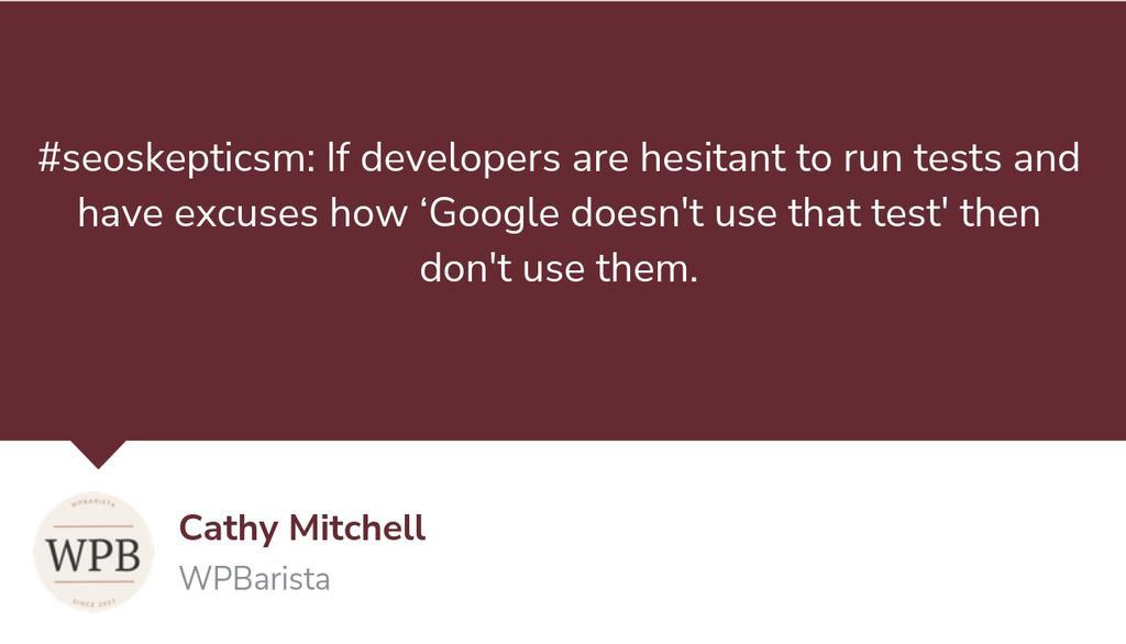 #seoskepticsm: If developers are hesitant to run tests and have excuses how ‘Google doesn't use that test' then don't use that developer.

Read more 👉 lttr.ai/AKbQ9

#MaintainWordpressWebsites #Wpbarista #Wordpresstutorial #MakeWordpressEasy #SocialMediaGuidelines