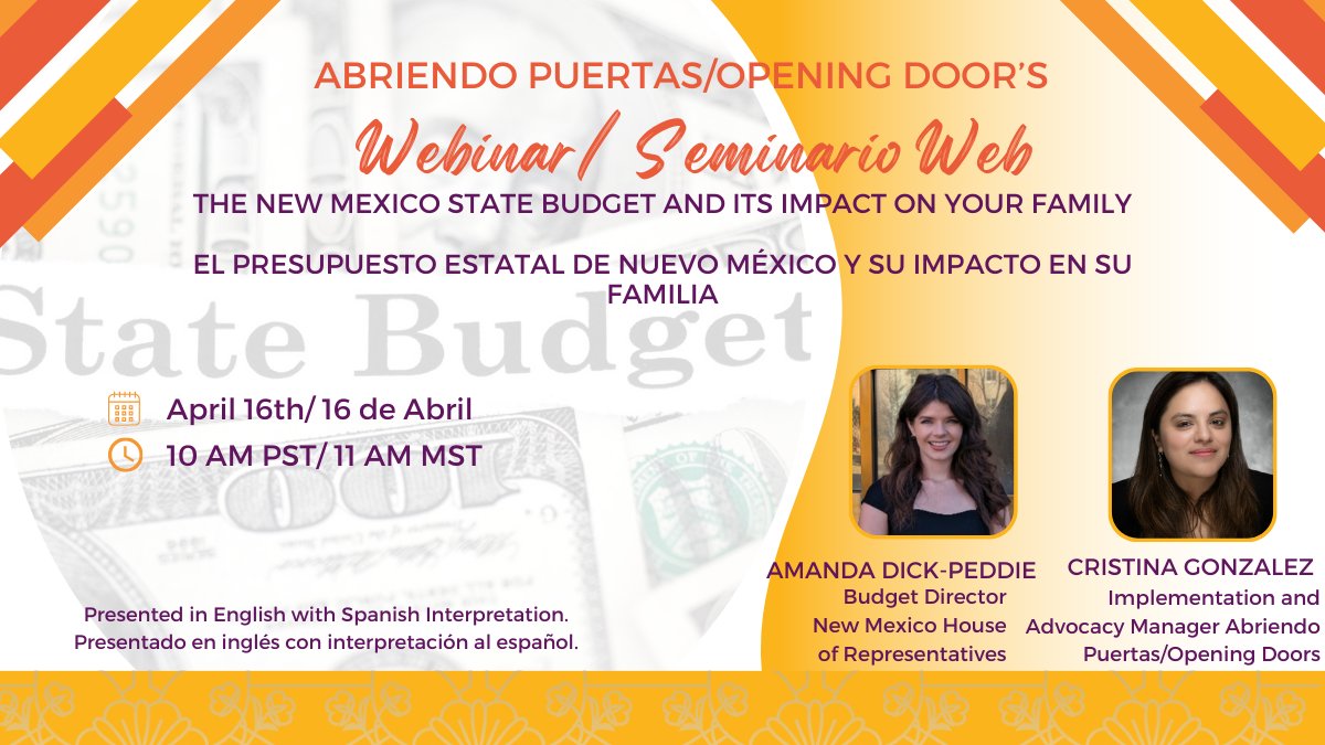 Join us on April 16th as we dive into the 2024-2025 New Mexico state budget and its impact on families. Learn about investments in ECE, healthcare, K-12, & higher education. Take advantage of this insightful session! Register now: us02web.zoom.us/webinar/regist… #NewMexico #StateBudget