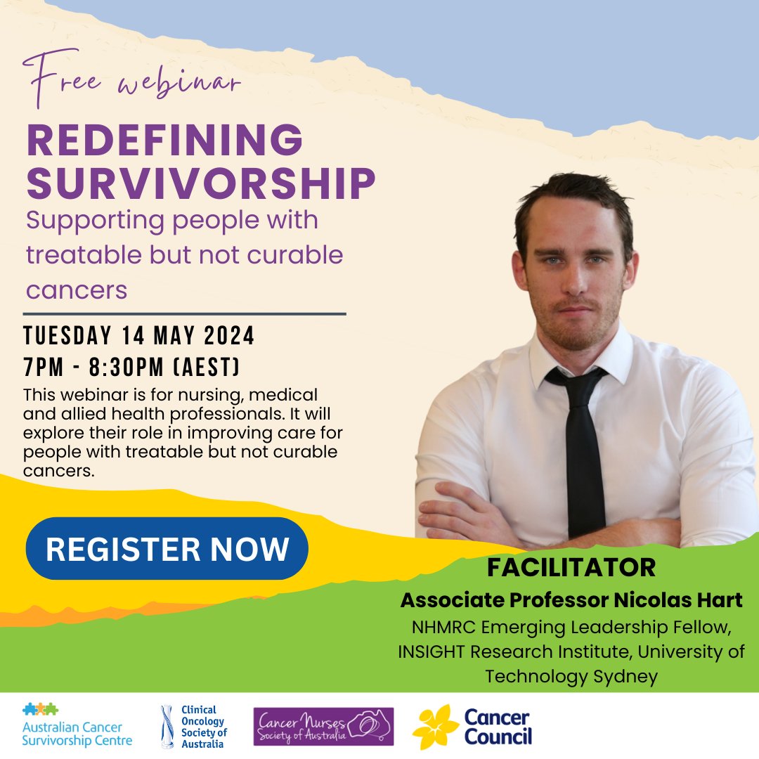 Meet Nicolas Hart, who will lead panel discussions at the upcoming Redefining Survivorship webinar. Join them as they explore how health professionals can better support people with treatable, but not curable cancers. Register here: tinyurl.com/yc89zvmk #cancernurses