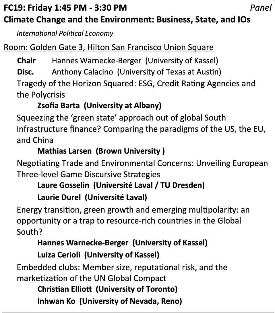 If you love political economy, environmental politics, and global governance, you'll love what we've got cooking tomorrow afternoon at @isanet. Hope to see you there!

@MLundLarsen 
@GosselinLaure 
@DurelLaurie 
@inhwan_ko