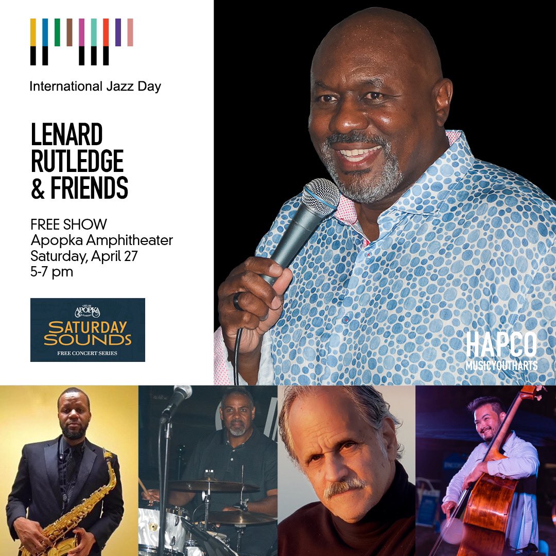 HAPCOMusic's tweet photo. Celebrate International Jazz Day at a free lively jazz show by LeNard Rutledge &amp; Friends. They will entertain us with jazz classics from across the decades. Presented by HAPCO Music Foundation in with the City of Apopka as part of their Saturday Sounds. 

#internationalJazzDay https://t.co/1A2b6PNDNQ