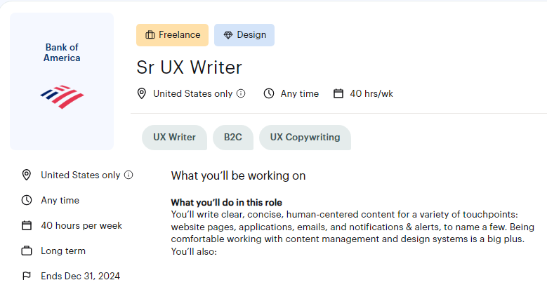 elruloinforma's tweet photo. #Freelance #Design #ux
Sr UX Writer - $100 – 120/hr
Apply as a talent here link to the job https://t.co/K8e4N3tVjf
UX Writer
B2C
UX Copywriting
Job for Bank of America
#job #hiring #opportunity #payitforward #work #usa #na #workusa
Apply https://t.co/K8e4N3tVjf
@usebraintrust https://t.co/tkQnmjhFwV
