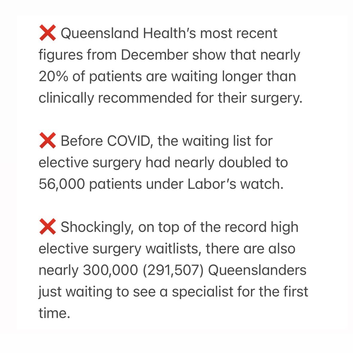 The @ama_qld has announced today it’s taking action and @ShannonFentiman wants Queenslanders to believe everything is fine?   The irrefutable facts are clear when it comes to QLD’s ballooning elective surgery numbers under the chaos & crisis of the Palaszczuk-Miles Government 👇