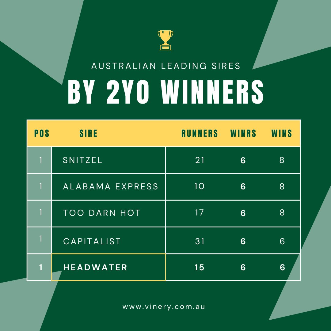 #Headwater is currently sitting at the top of the 2yo sires table by winners with some pretty nice company after a maiden win by Head Honcho for trainer Tom Button yesterday. Head Honcho was a $50k buy for Tom & @ArcherParkRace from @fraser_alexia B'tock at the 2023 @mmsnippets