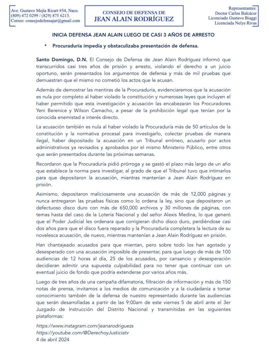 INICIA DEFENSA JEAN ALAIN LUEGO DE CASI 3 AÑOS DE ARRESTO

Luego de casi tres años de la Procuraduría General de la República mantener en prisión y arresto a Jean Alain Rodríguez, violando el derecho a un juicio oportuno, finalmente le será permitido presentar los argumentos de