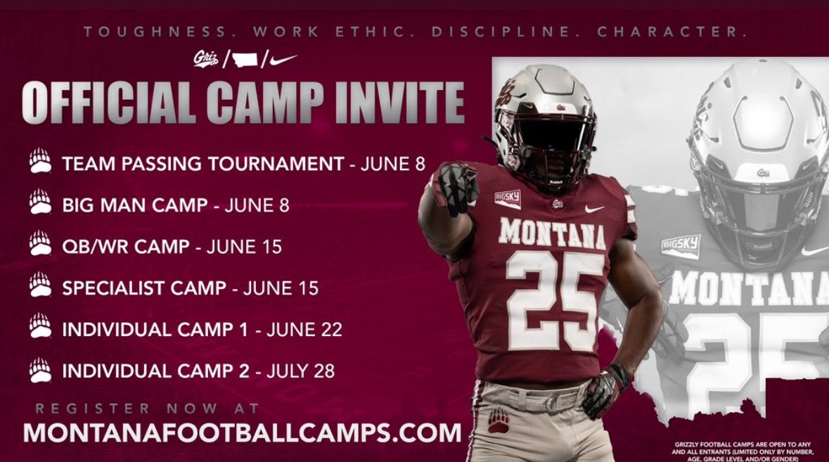 Thank you @GrizCoachGreen for the camp invite. I’m excited to come out to compete! @MontanaGrizFB