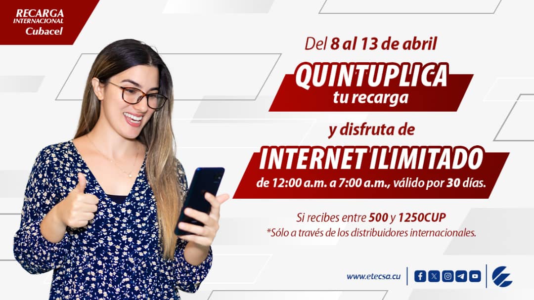 Nueva promo de #RecargaInternacional 📲🌎🇨🇺 del 🗓️ 8 al 13 de abril
✅ Quintuplica tu recarga y disfruta de internet ILIMITADO de 12:00 a.m. a 7:00 a.m. por 30 días #EtecsaTeAcompaña #JuntosPorMayabeque