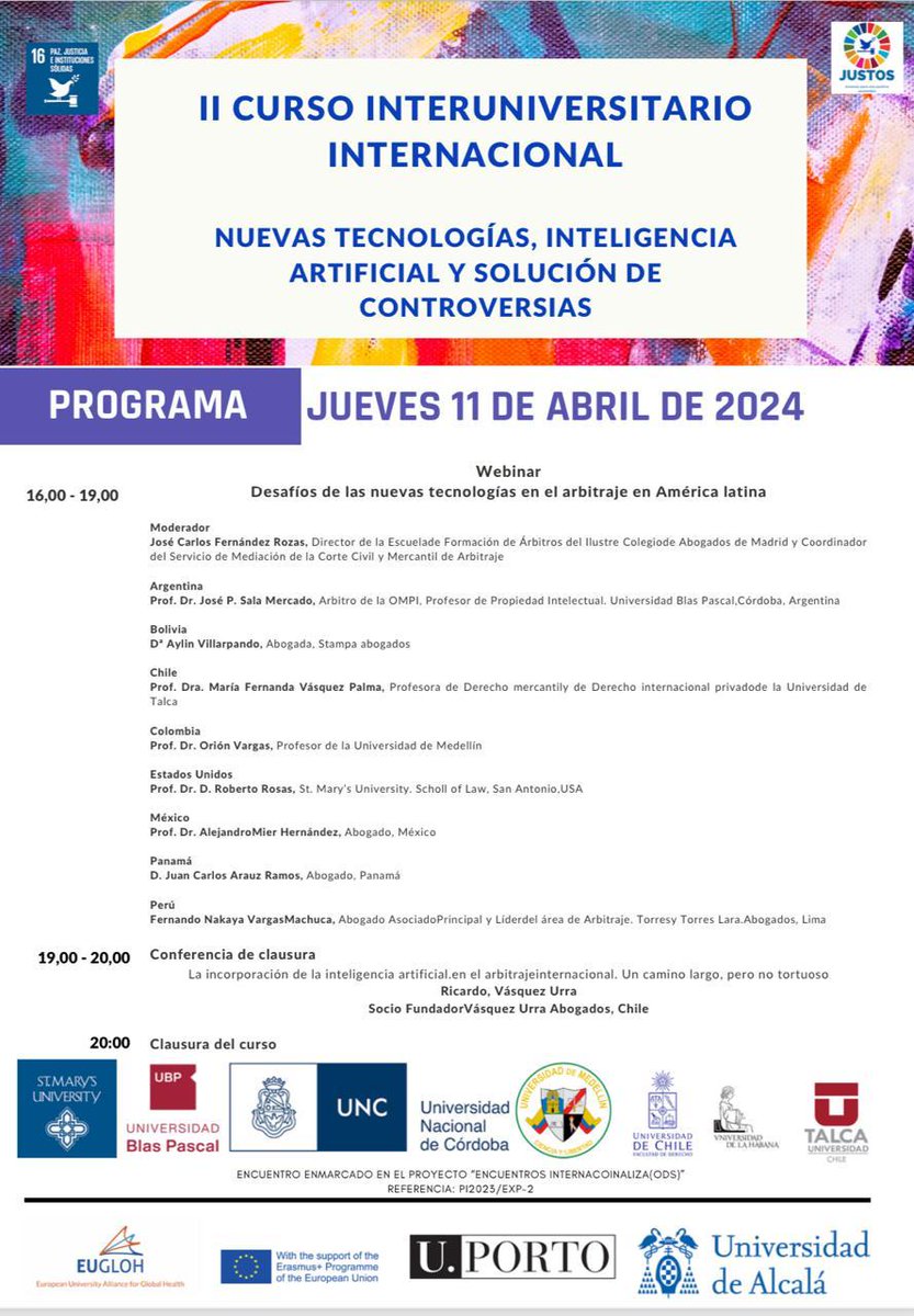 📍Los invitamos a participar del Curso Interuniversitario Internacional : Nuevas Tecnologías, Inteligencia Artificial y Solución de Controversias. Inscripción gratis: forms.gle/YJkKjDhCCXGbCw…