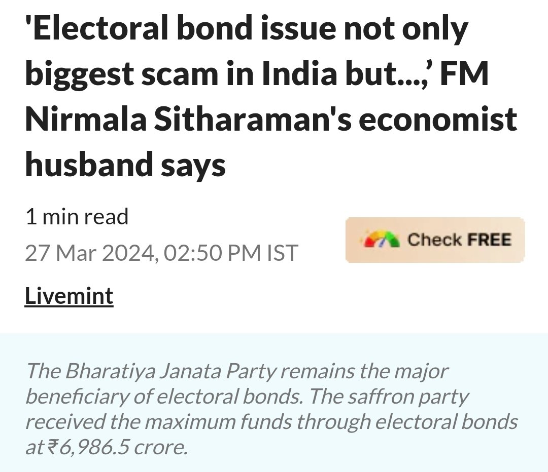 #ParakalaPrabhakar also known as Finance Minister Nirmala Sitharaman's husband is a renowned economist so when he says #ElectoralBondsScam is the largest scam in the world..we believe it..if u don't..then u r just lying..pata toh tumhe bhi hae.

#BJPDoomGloom