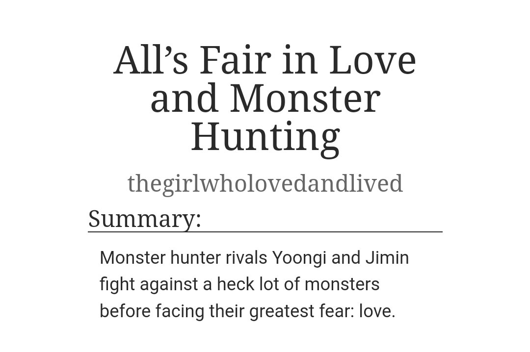 All’s Fair in Love and Monster Hunting 18k @yoonminonmymind

🏹 Urban Fantasy
🏹 Rivals 
🏹 Bickering , saving eo
🏹 Jimin in denial
🏹 Yoongi is very whipped
🏹 Jealous Yoongi
🏹 Jimin dressing like a model to hunt monsters
🏹 Fluff
🏹 🔞
🏹 Happy ending

archiveofourown.org/works/33700447…