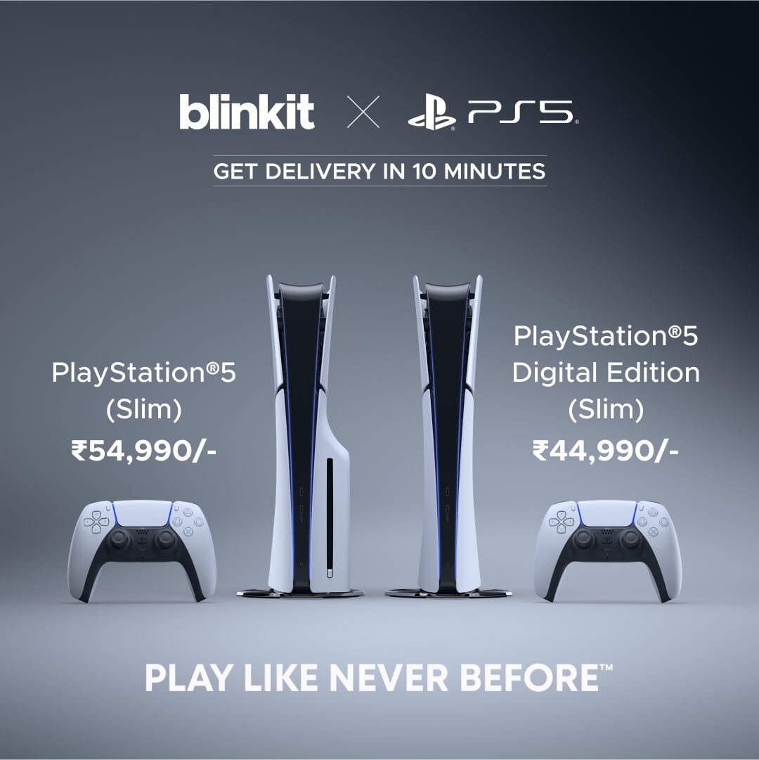 We’re live! Blinkit customers in Delhi NCR, Mumbai and Bengaluru can now get the all new PlayStation® 5 Slim editions and controllers delivered in 10 minutes!