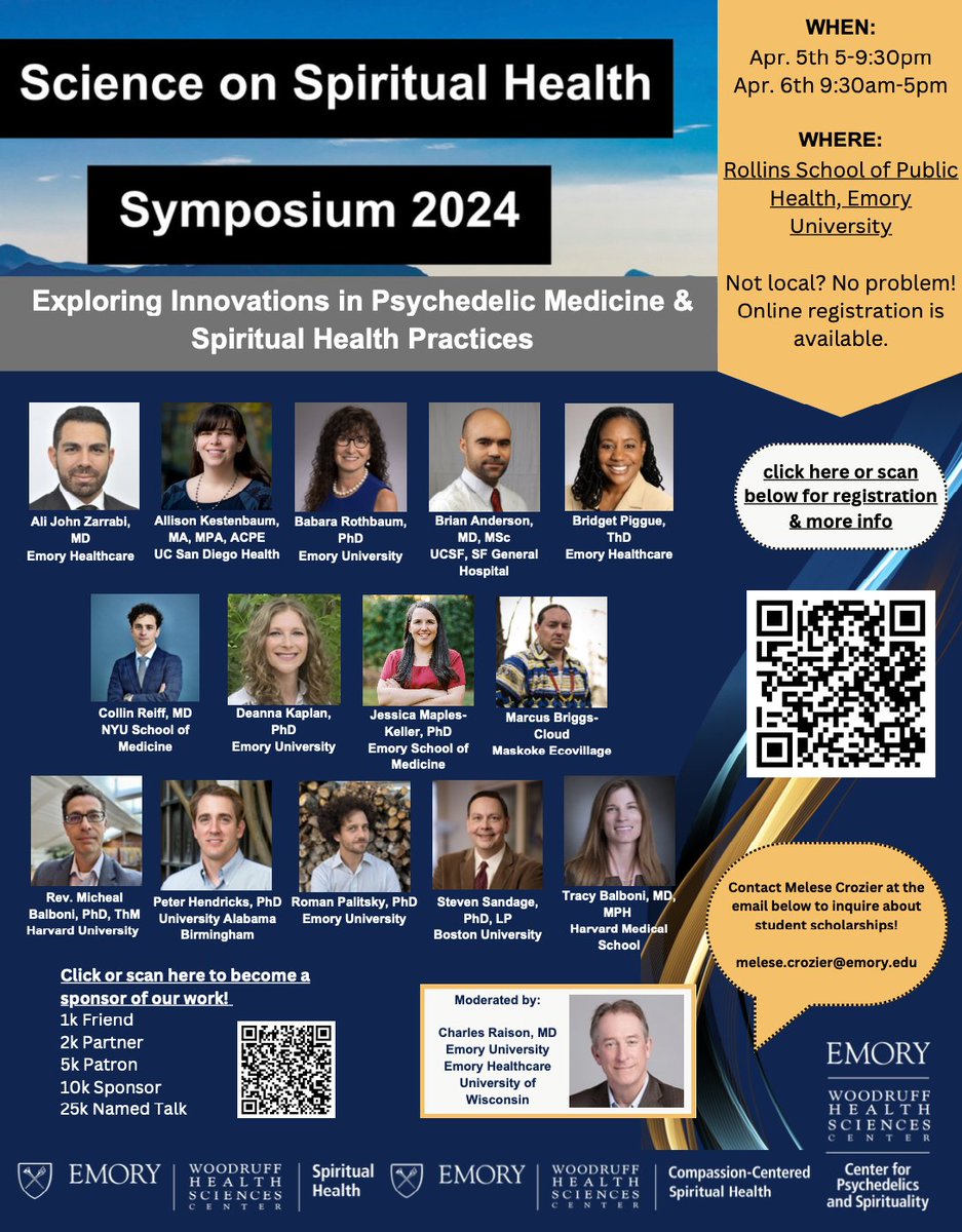 Science on #SpiritualHealth Symposium 2024 MODERATED by @DrCharlesRaison, Director of Research on Spiritual Health @EmoryHealthcare & CSHH Visiting Prof. @EmoryRollins Tomorrow, Friday: 5-9:30pm Sat: 9:30-5pm; In-Person or Virtual: psychedelics.emory.edu/events/index.h… #PsychedelicMedicine