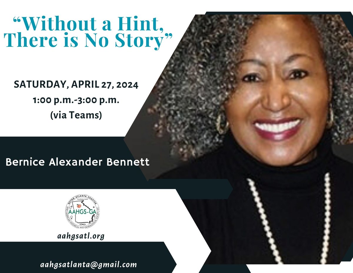 AAHGSATL (@aahgsatl) on Twitter photo Unlock your family's secrets.
Everyday chats hold the key to cracking your history's code. Join the <a href="/BennettGenie4/">Bernice Bennett</a> #genealogy chat & discover the power of casual conversation in #familyhistory research! ️ RSVP by April 26th to aahgsatlanta@gmail.com #GenealogyChat Unlock your family's secrets.
Everyday chats hold the key to cracking your history's code. Join the <a href="/BennettGenie4/">Bernice Bennett</a> #genealogy chat & discover the power of casual conversation in #familyhistory research! ️ RSVP by April 26th to aahgsatlanta@gmail.com #GenealogyChat
