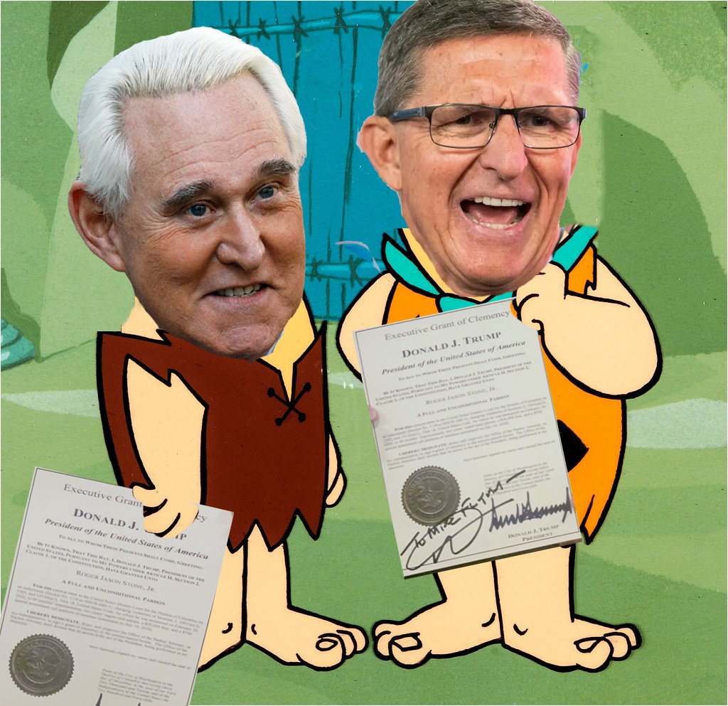 Flynn-Stones, meet the Flynn-Stones they're a double pardoned pair of goons They try to, steal elections, But they fail because they're low I.Q.