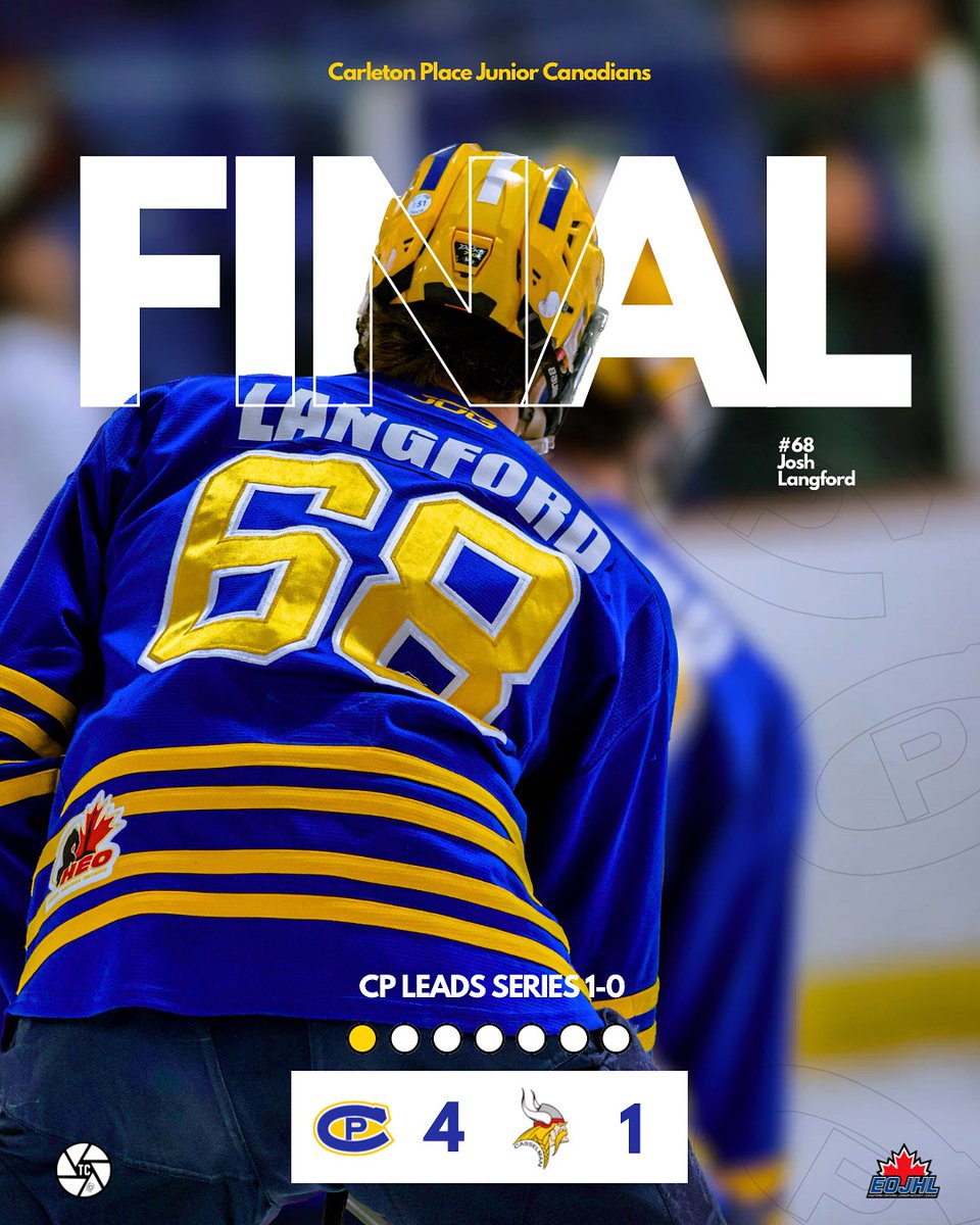 🔵🟡 FINAL 🔵🟡

The Carleton Place Junior Canadians take game one on the road by way of a 4-1 victory. 

Game two is this Saturday at 7:30 PM as the Carleton Place Junior Canadians return home! We hope to see you there!

#cpc #BetterEveryDay