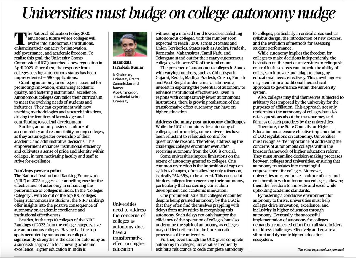 In an edit page article in The Hindu, Chairman UGC <a href="/mamidala90/">Mamidala Jagadesh Kumar</a> writes: By fostering a conducive environment for autonomy to thrive, universities must help colleges drive innovation, excellence, and inclusivity in higher education through autonomy.

Courtesy: <a href="/the_hindu/">The Hindu</a>