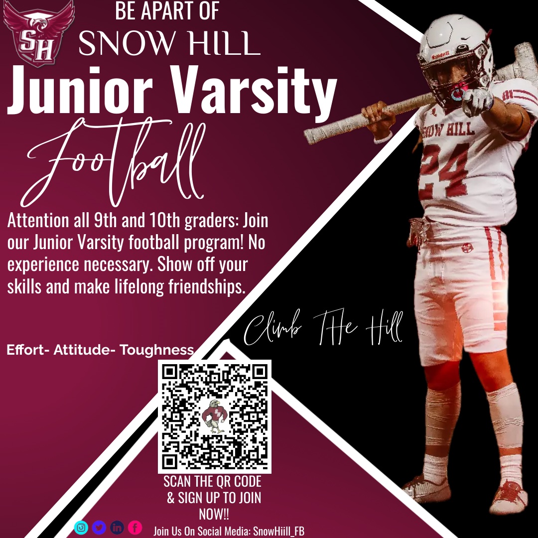 Calling all incoming 9th and 10th graders at Snow Hill High School! Are you interested in playing JV football? No experience necessary - we are looking for dedicated and enthusiastic players to join our team.