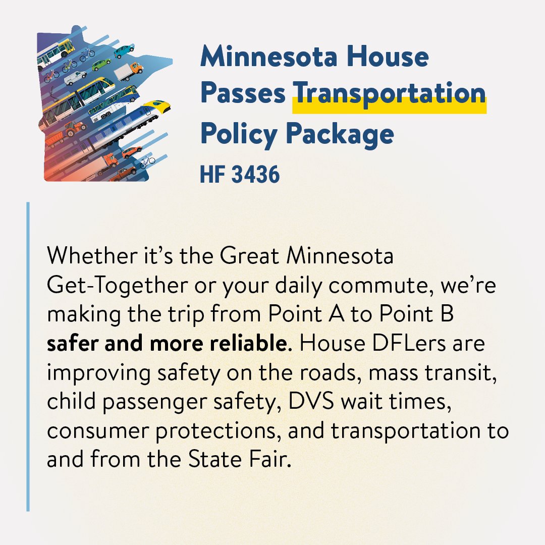 Last year Democrats delivered a generational investment in transportation. The House has passed the 2024 Transportation Policy bill, continuing our work ensuring all Minnesotans can safely and reliably reach their destinations. 🚎🚵🏽‍♀️🚗 #mnleg Bill language: revisor.mn.gov/bills/text.php…
