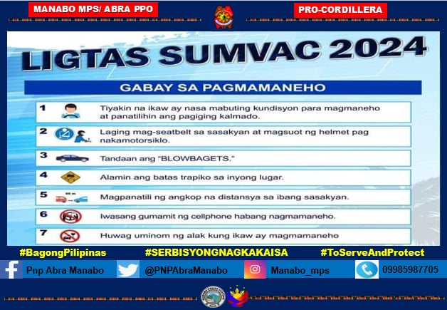 PNPAbraManabo's tweet photo. LIGTAS SUMVAC 2024:
Safety Tips/Gabay sa pagmamaneho
#BagongPilipinas
#SERBISYONGNAGKAKAISA
#ToServeAndProtect https://t.co/PMiXofnBMQ